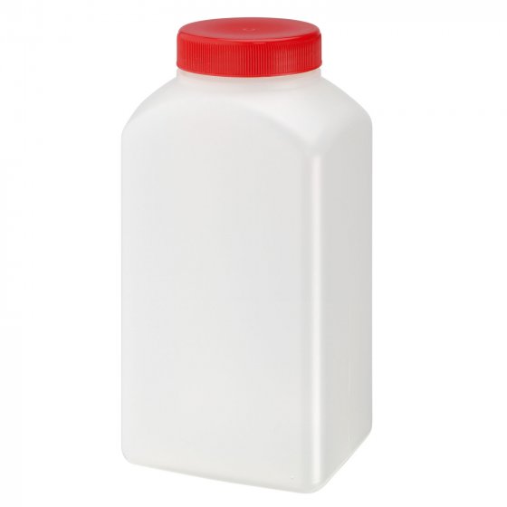 Firkantet beholder HDPE 500 ml med rødt skruelåg 76 x 76 x 120 mm. DIN60